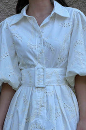 Ekru Balon Kol Pile Detaylı Kemerli Brode Elbise SY-2084-Ekru