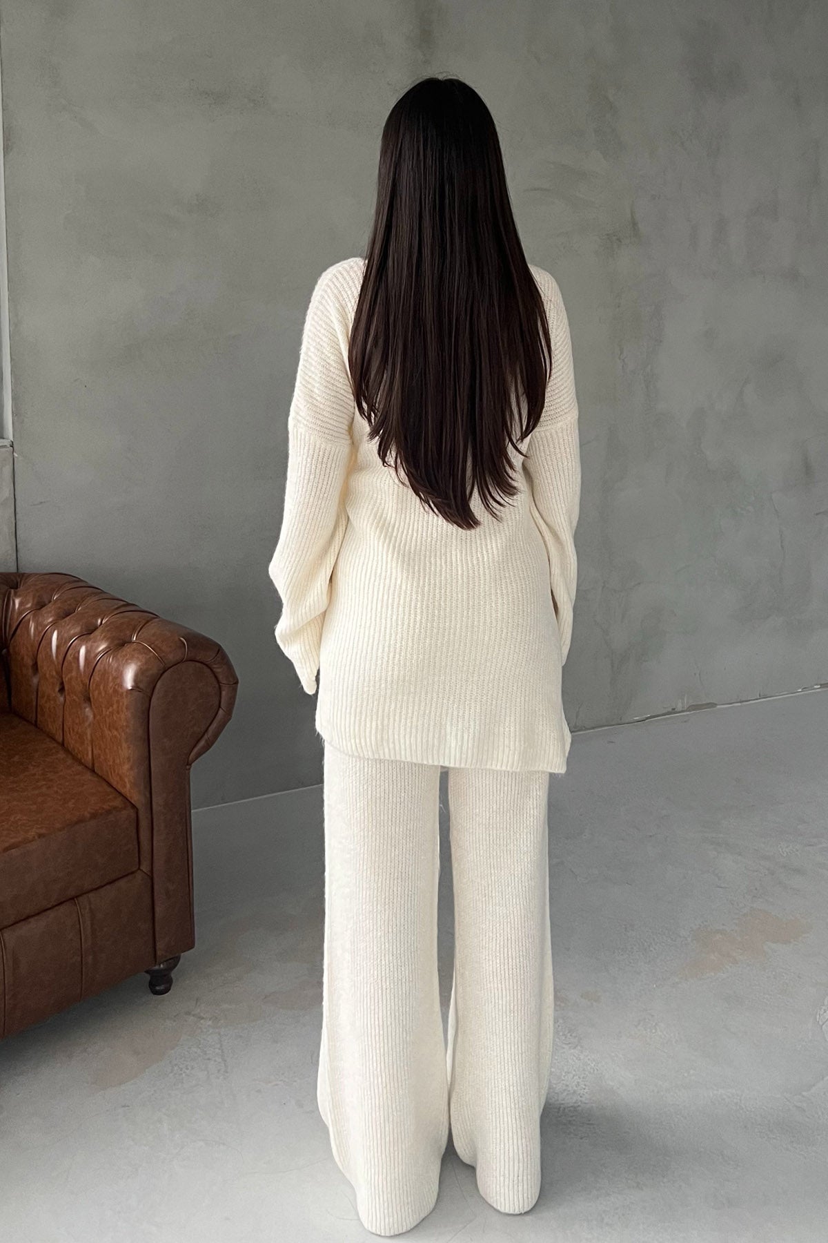 Ekru Bağlama Detay Kazak Pantolon Triko Takım SY-2773-Ekru