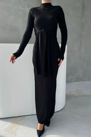 Siyah Fitilli Bağlama Detaylı Triko Elbise SY-2526-Siyah