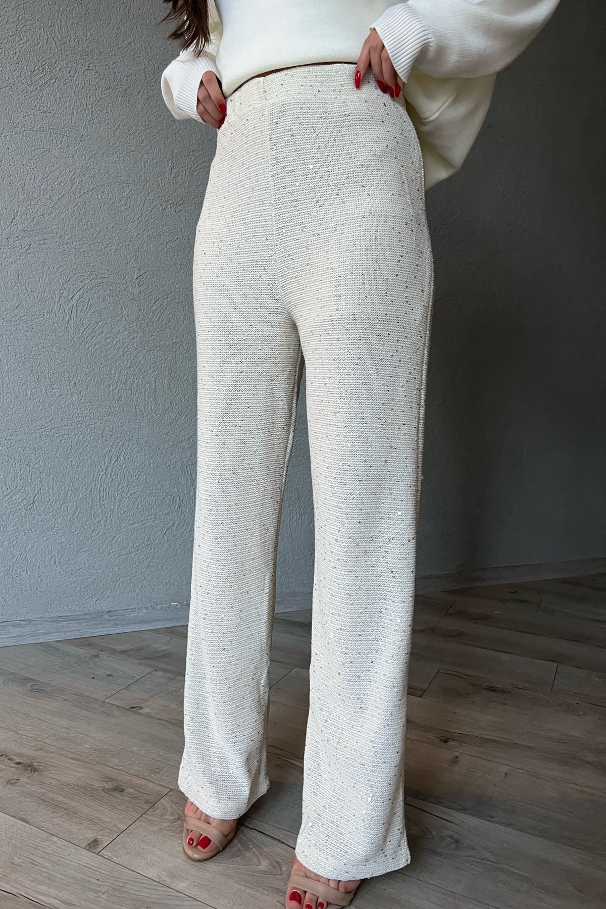 Bej Pullu Beli Lastikli Astarlı Triko Pantolon SY-1324-Bej