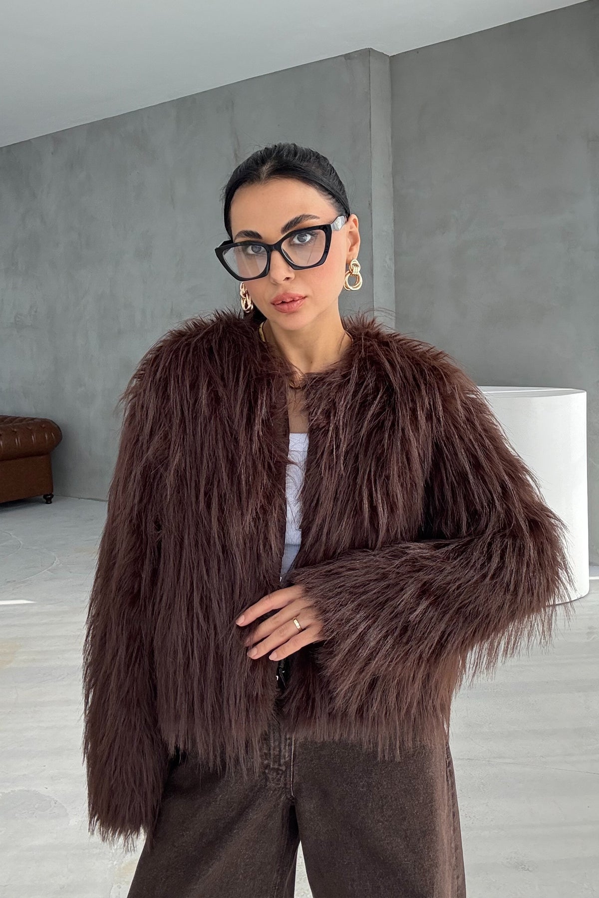 Acı Kahve Saçaklı Kürk Ceket SY-3388-Acı KAHVE