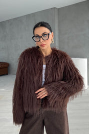 Acı Kahve Saçaklı Kürk Ceket SY-3388-Acı KAHVE