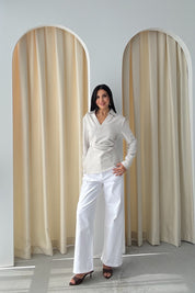 Ekru Asimetrik Düğmeli Drapeli Gömlek SY-3318-Ekru