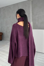 Mürdüm Şal Detaylı Triko Kazak SY-3427-Mürdüm