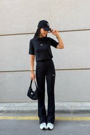 Siyah Modal T-Shirt İspanyol Paça Tayt Takım SY-3314-Siyah