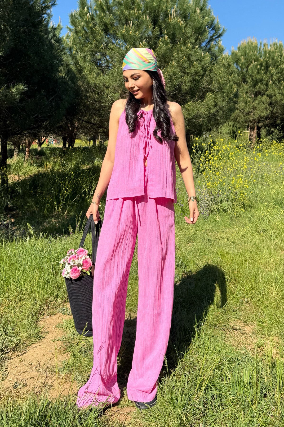 Pembe İp Askılı Bluz Pantolon Takım SY-2259-Pembe