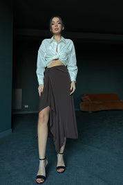 Kahverengi Önü Büzgülü Midi Etek SY-0013-Kahvarengi