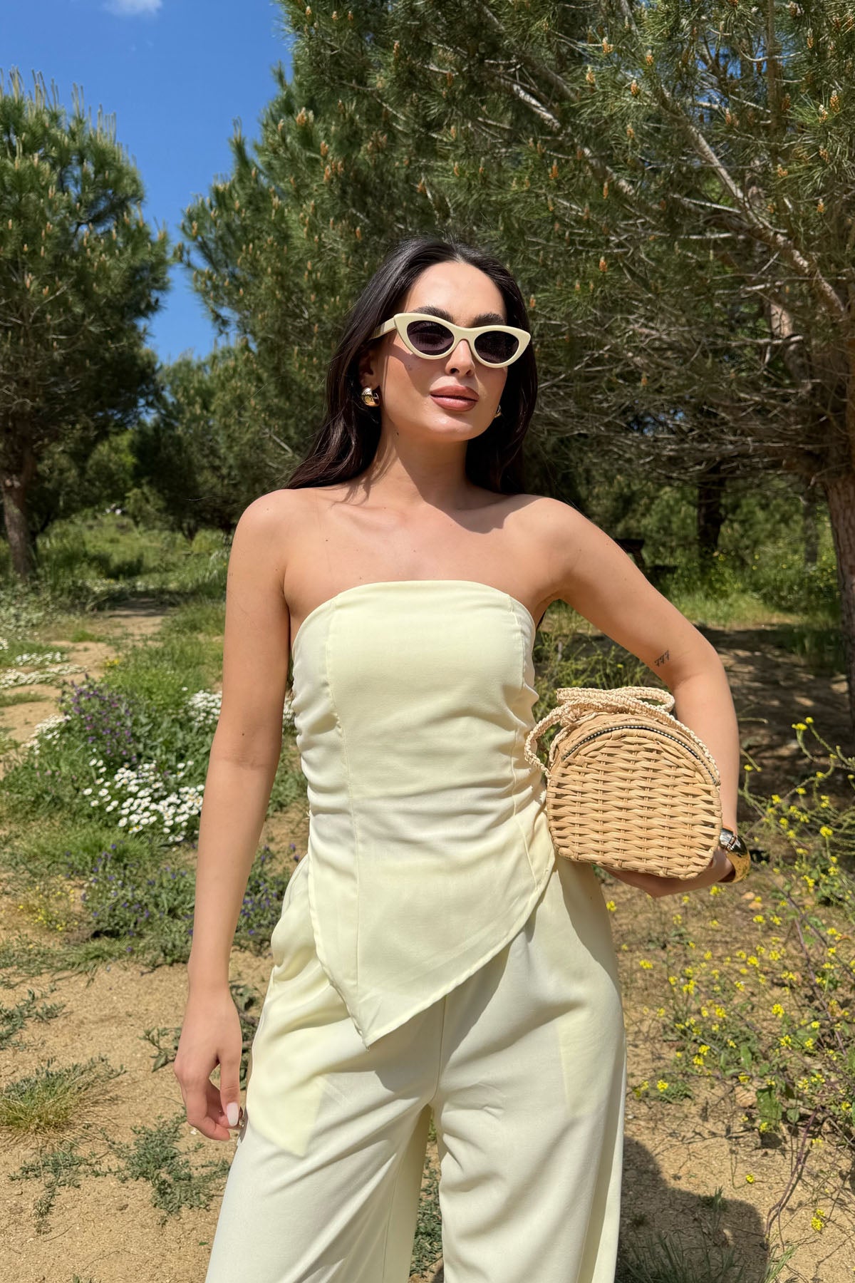 Butter Yellow Asimetrik Straplez ve Pantolon Takım SY-3189-Sarı