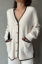 Krem Siyah Gold Düğme Detaylı Cepli İntersiye Hırka SY-1346-Krem