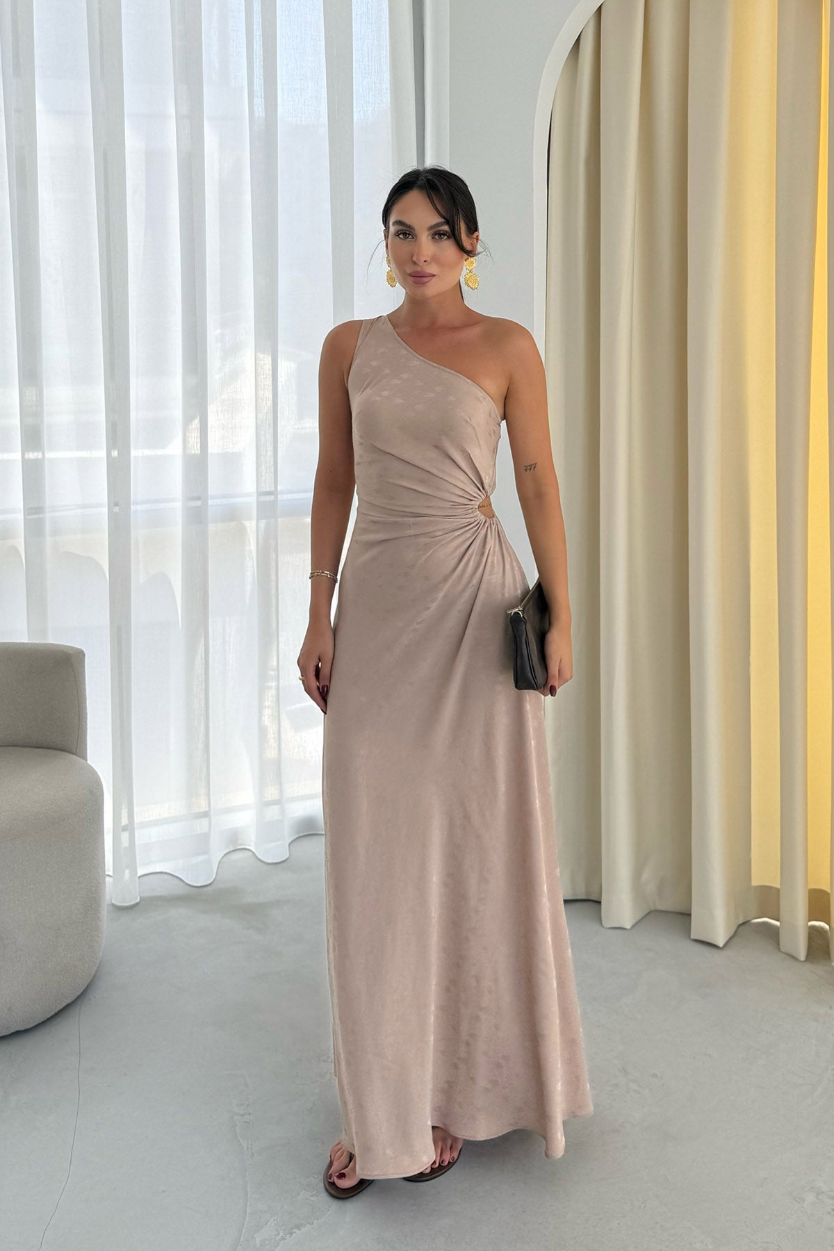 Taş Desenli Tek Kol Pencere Detaylı Elbise SY-3334-Taş