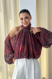 Kırmızı Desenli Omuzları Açık Bluz SY-3362-Kırmızı