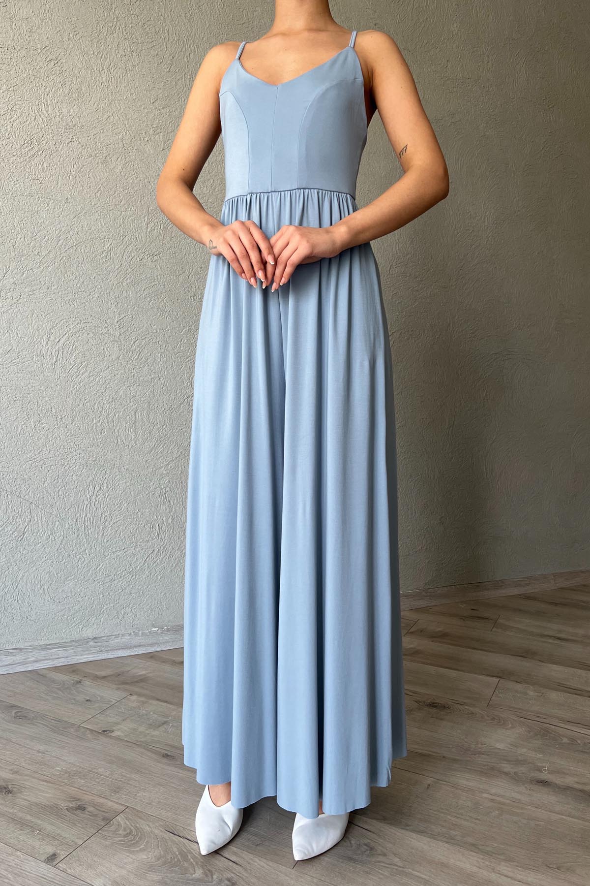 Mavi İnce Askı Detaylı Bol Paça Modal Tulum SY-1980-Mavi