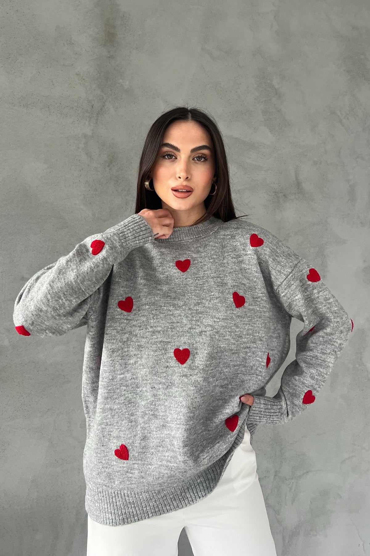 Gri Kalp Nakışlı Triko Kazak SY-2387-Gri