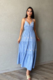 Mavi Nakış Detaylı Gipeli Boyundan Bağlamalı Uzun Elbise SY-2182-Mavi