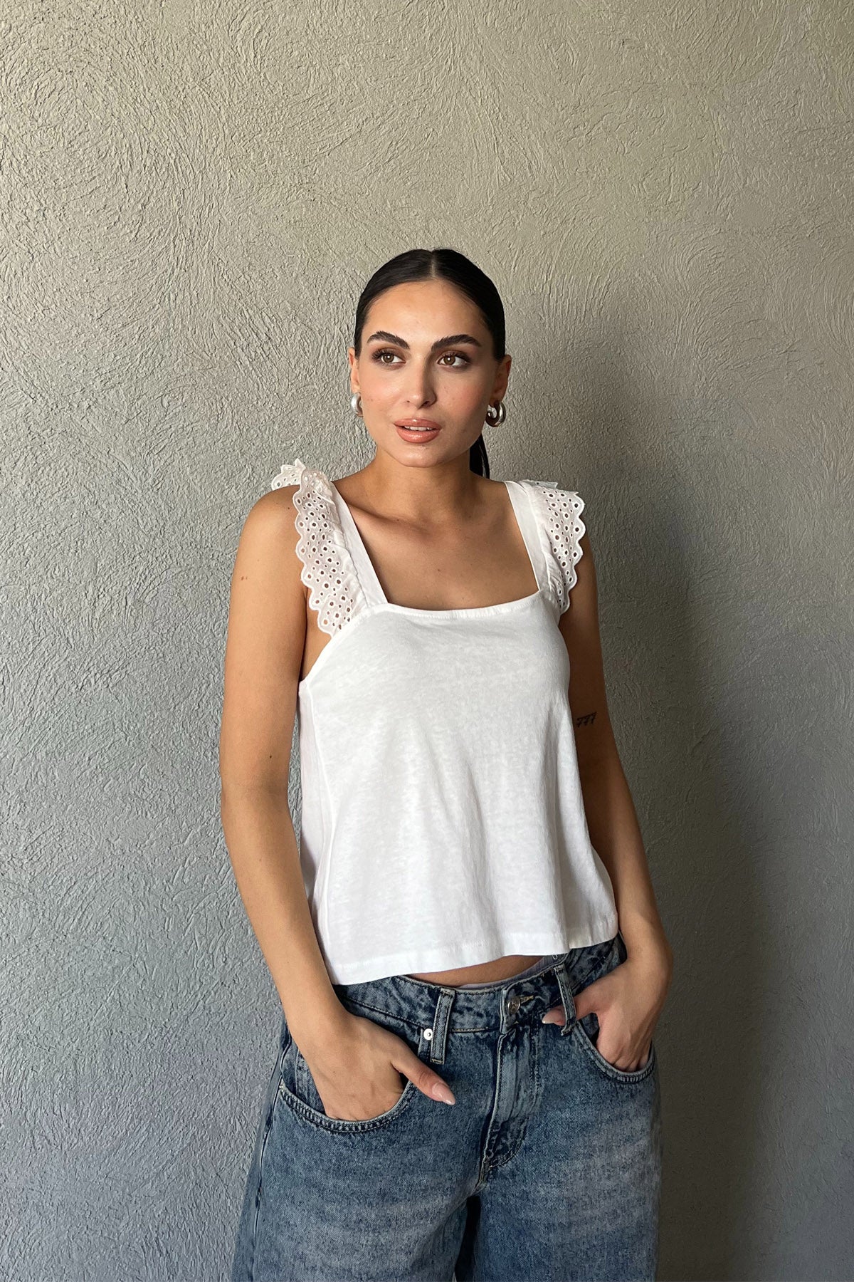 Ekru Fisto Askı Detaylı Crop SY-1961-Ekru