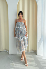 Mavi Desenli Kat Kat Midi Boy Elbise SY-3265-Mavi