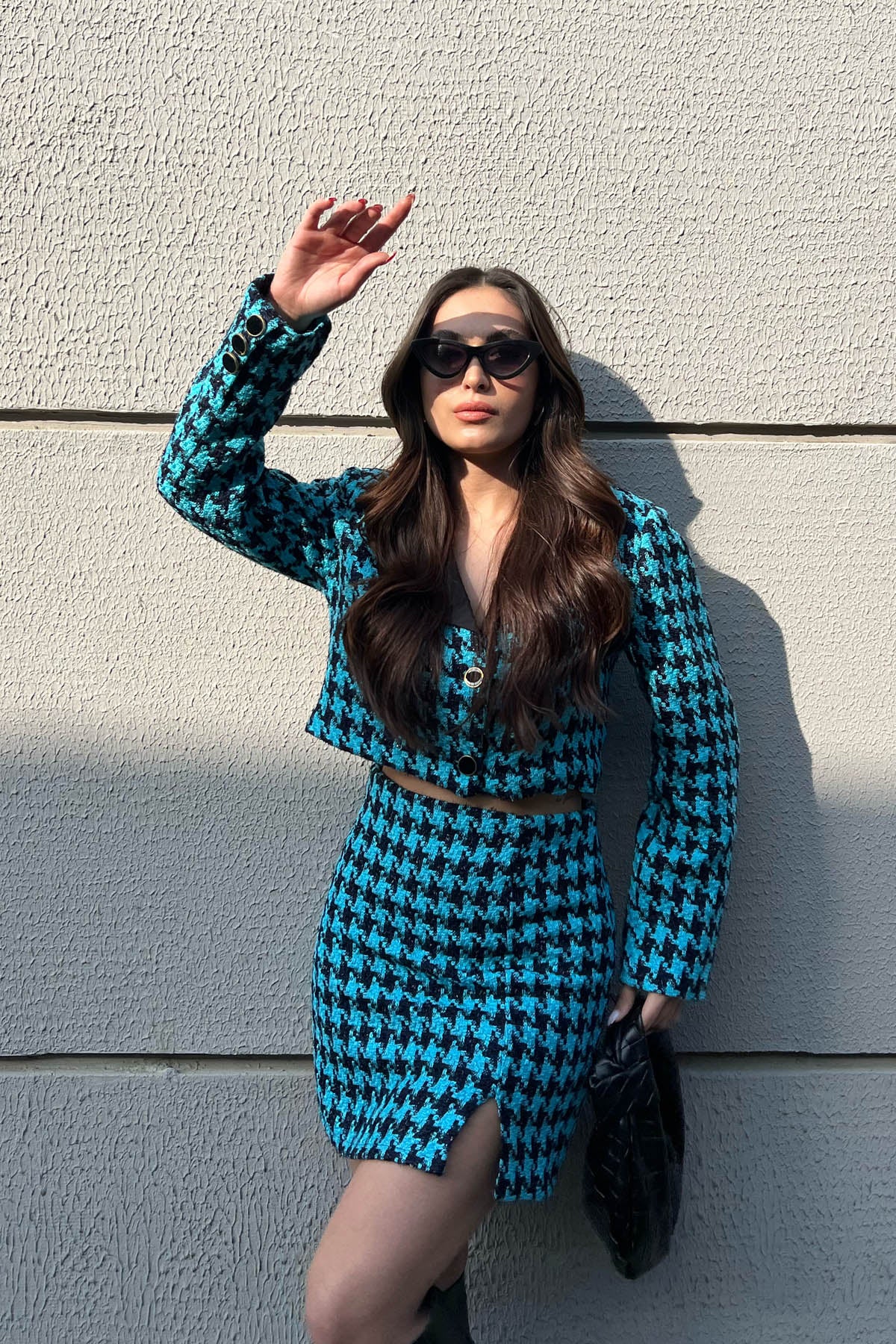 Mavi Tüvit Düğmeli Ceket Etek Takım SY-1582-Mavi