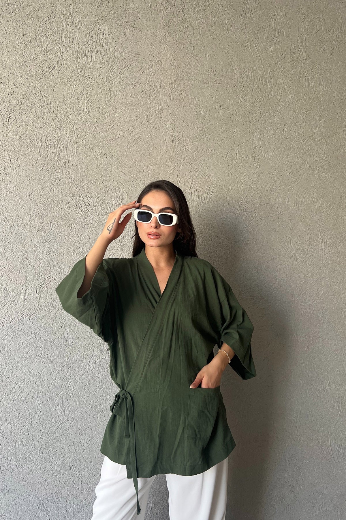 Haki Arkası Baskılı Bağlama Detaylı Keten Kimono SY-1613-Haki