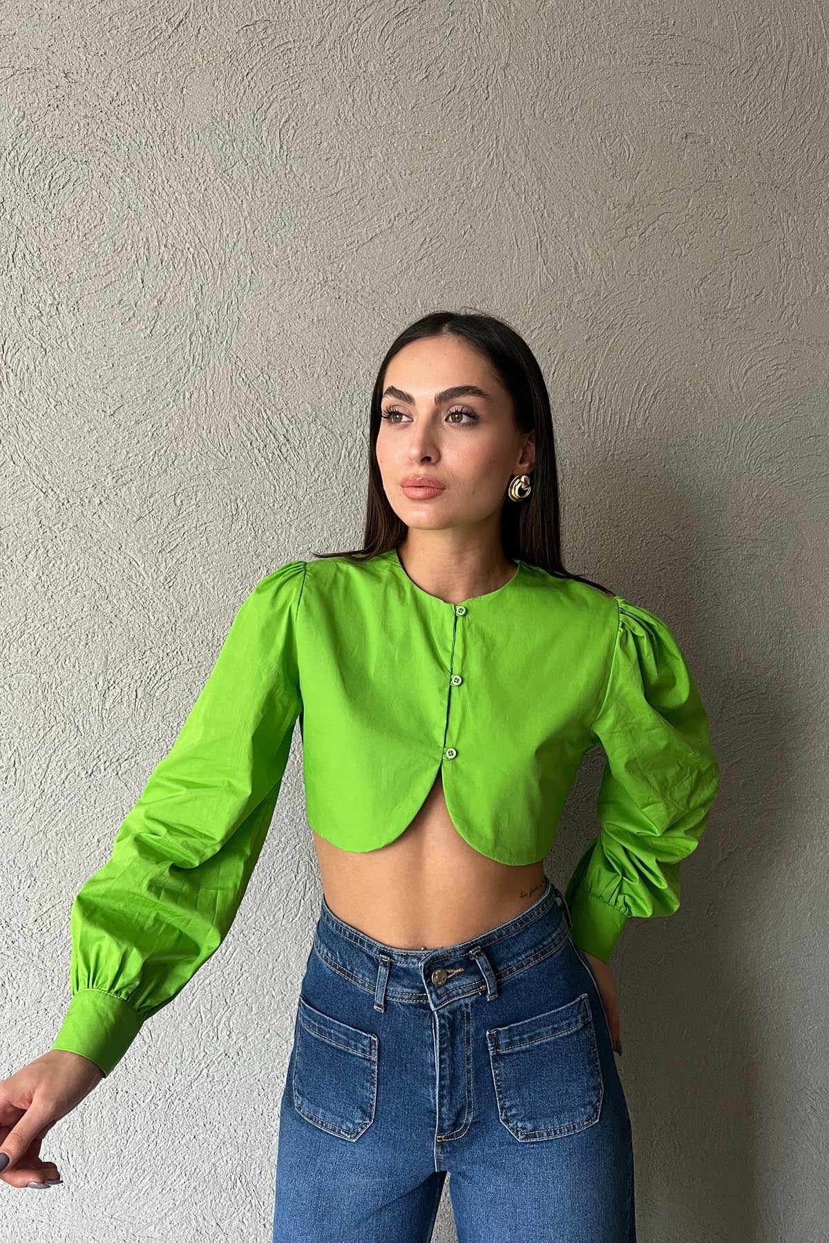 Yeşil Düğme Detaylı Crop Gömlek SY-1856-Yeşil
