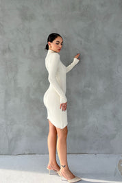 Krem Fitilli Yarım Balıkçı Yaka Triko Elbise SY-2626-Krem