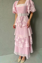 Pembe Tasarım Kat Detaylı Pinterest Lipari Elbise (Kemersiz) SY-3375-Pembe