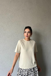 Bej Bisiklet Yaka Basic T-shirt SY-1962-Bej