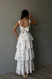 Yeşil Kırmızı Çiçekli Arkası Bağlama Detaylı Kat Kat Elbise SY-2038-Yeşil-Kırmızı