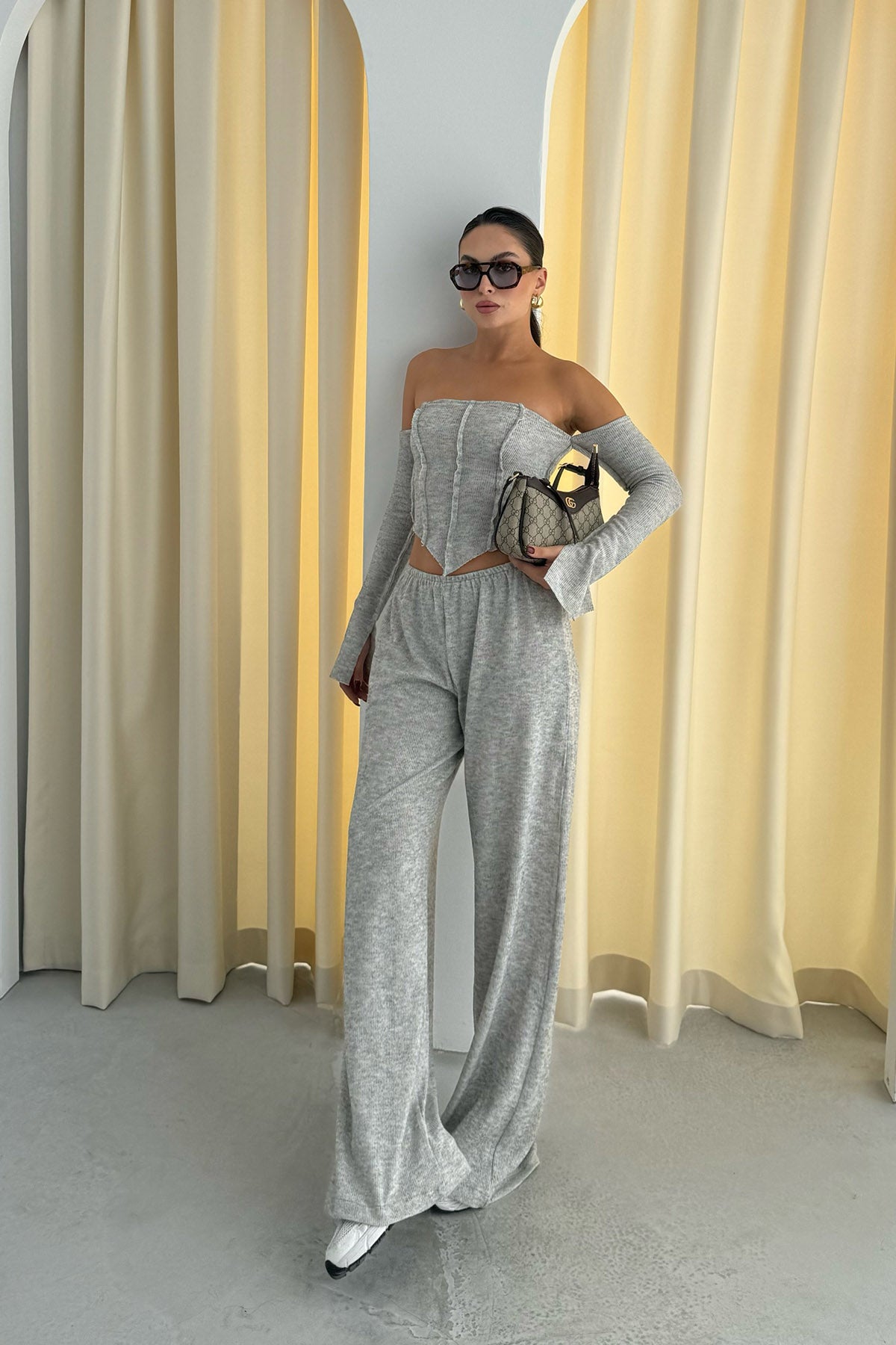 Gri Düşük Omuz Bluz Pantolon İkili Takım SY-2396-Gri