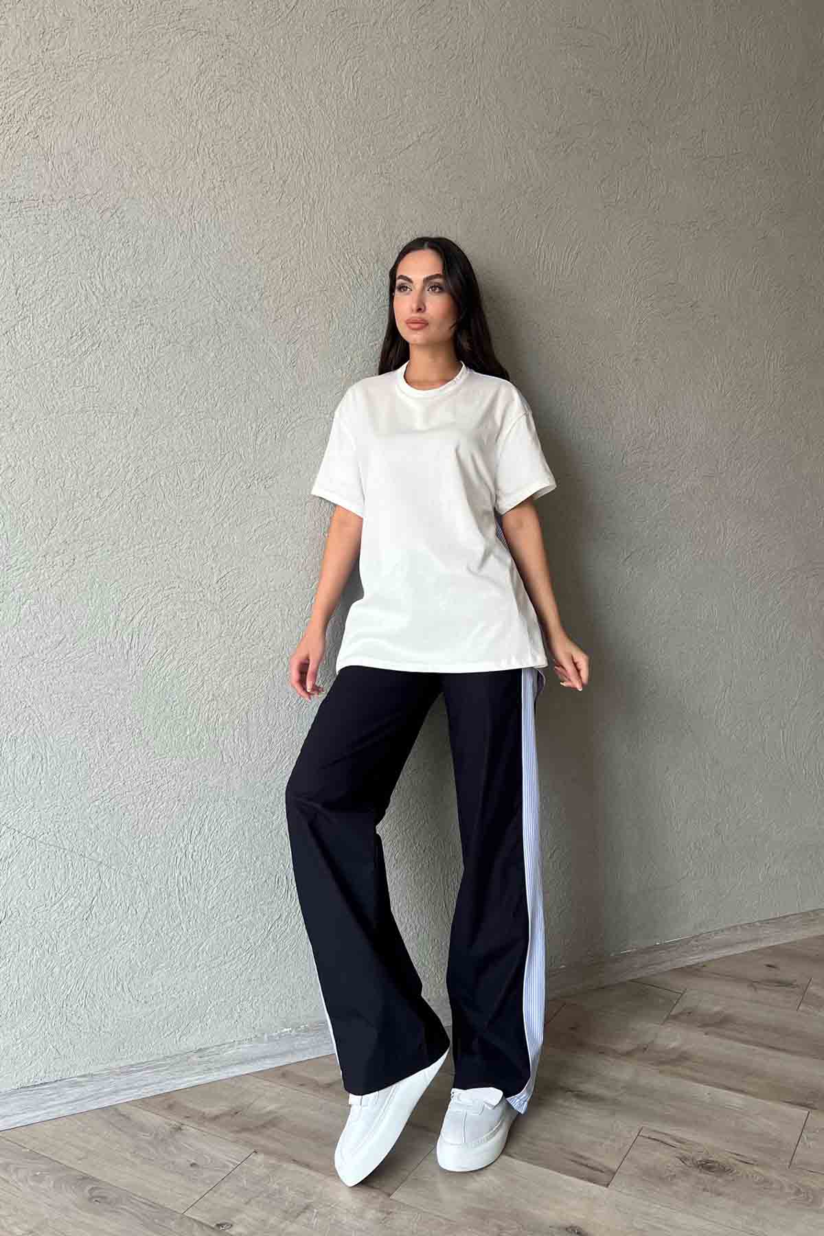 Mavi Çizgili Garnili Poplin Bluz ve Pantolon Takım SY-2016-Mavi