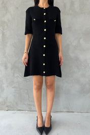 Siyah Sahte Cep Detaylı Gold Düğmeli Triko Elbise SY-2534-Siyah