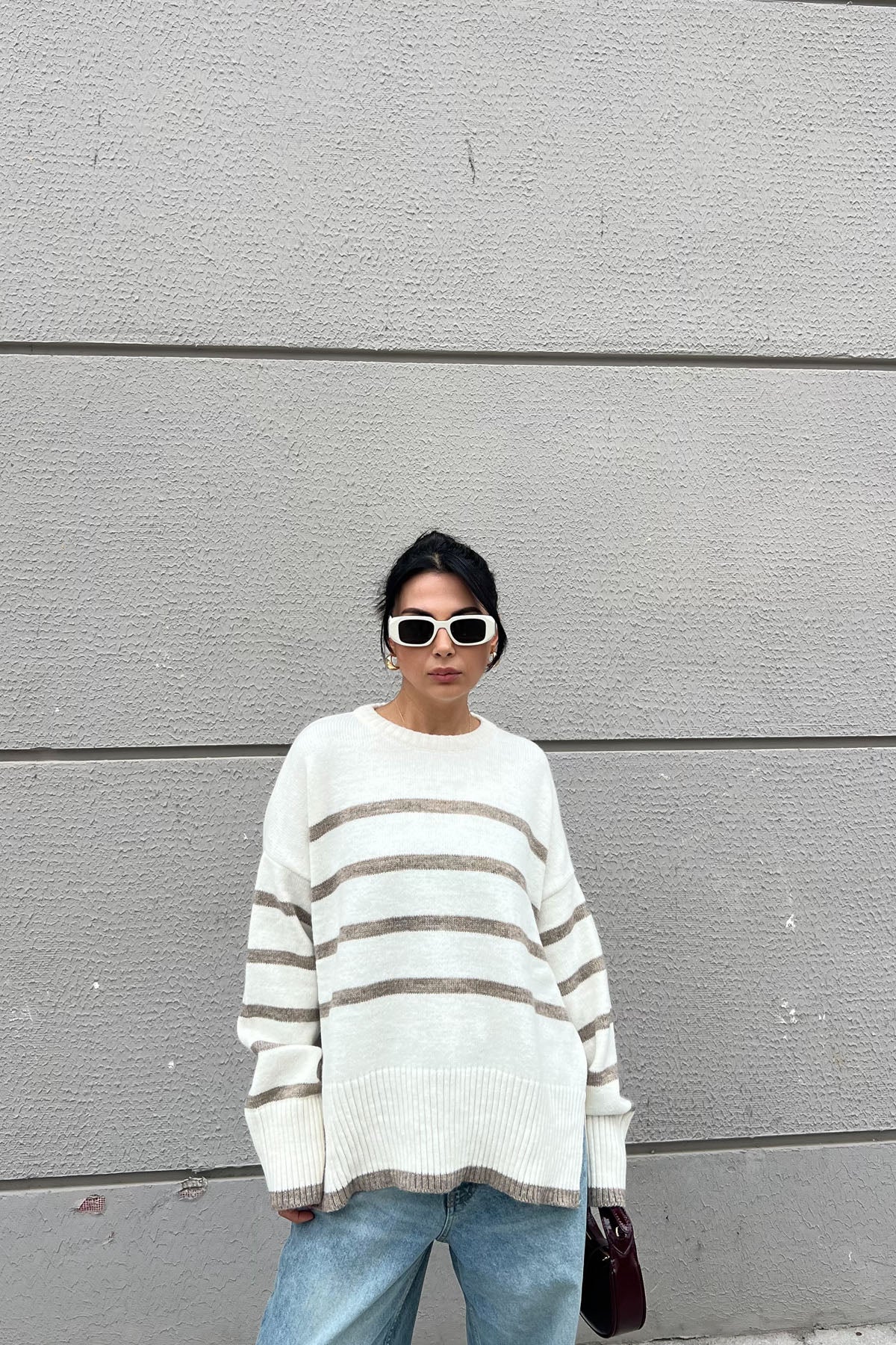 Ekru Kahve Çizgili Oversize Triko Kazak SY-2401-Ekru