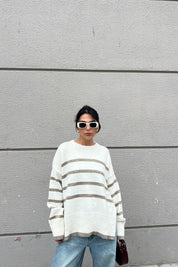 Ekru Kahve Çizgili Oversize Triko Kazak SY-2401-Ekru