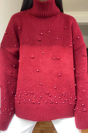 Bordo İnci Detaylı Yarım Balıkçı Triko Kazak SY-2741-Bordo