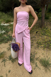 Pembe Asimetrik Straplez ve Pantolon Takım SY-3189-Pembe
