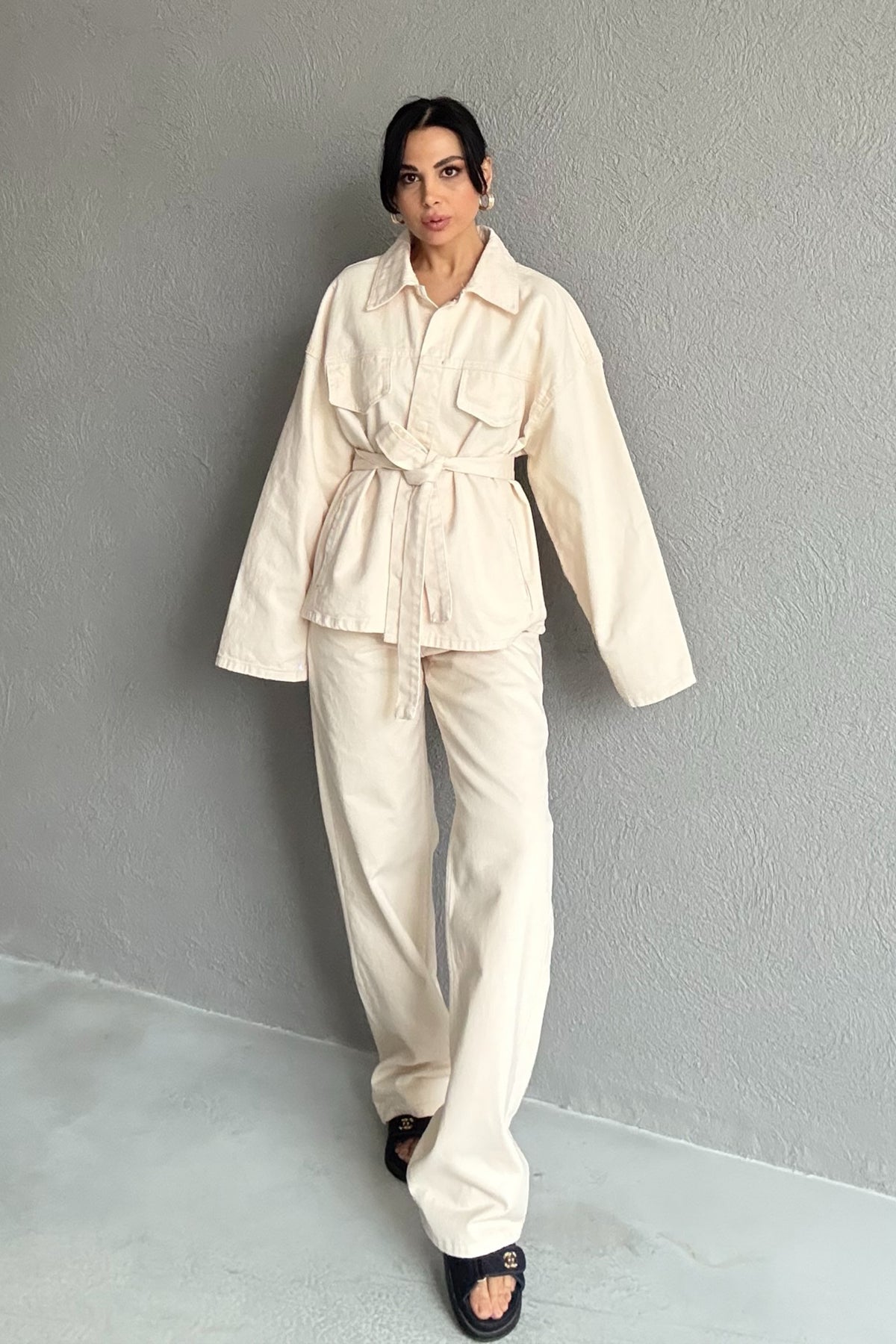 Krem Beli Bağlamalı Denim Ceket Pantolon Takım SY-2884-Krem