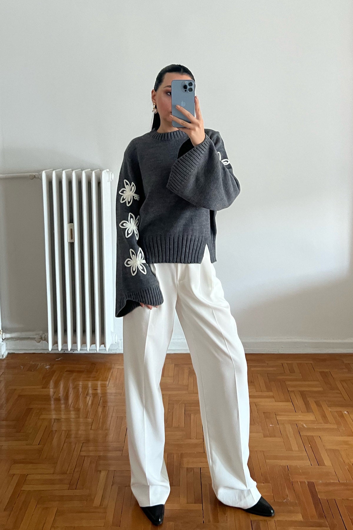 Antrasit Tasarım Kolları Nakışlı Kazak SY-2837-Antrasit