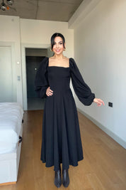 Siyah Zernes Balon Kol Midi Elbise SY-2673-Siyah