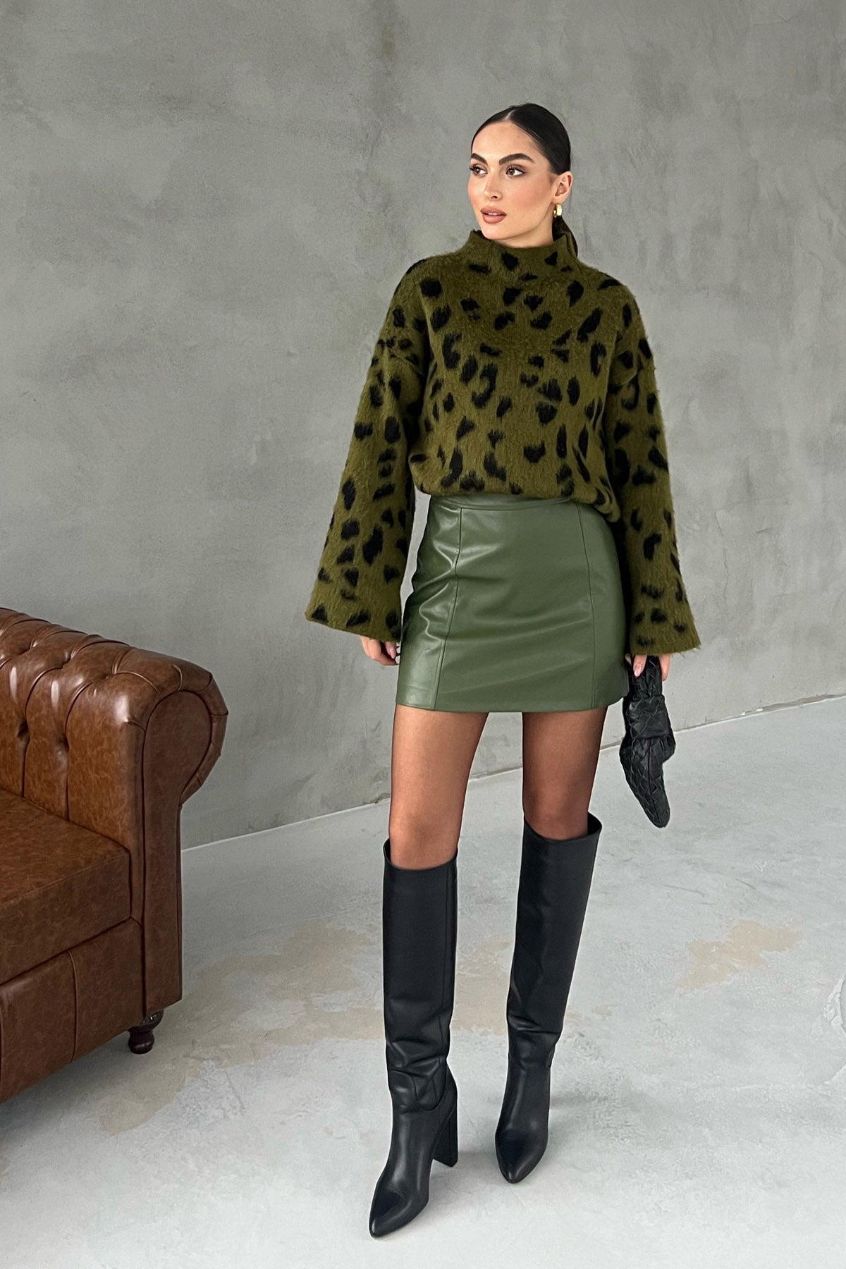 Haki Trapez Mini Deri Etek SY-2794-Haki