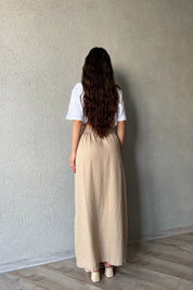 Vizon Beli Bağlama Detaylı Uzun Keten Etek SY-2154-Vizon