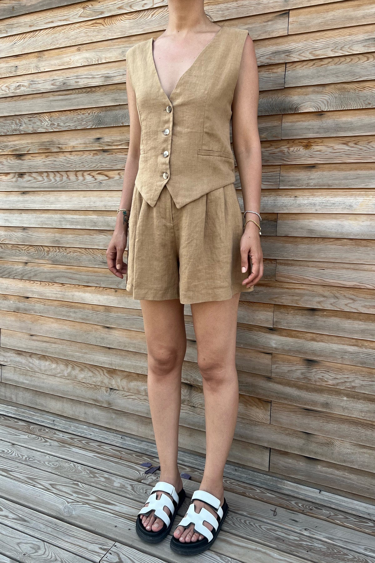 Vizon Sırt Detaylı Yelek Şort Keten Takım SY-2186-Vizon