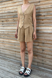 Vizon Sırt Detaylı Yelek Şort Keten Takım SY-2186-Vizon