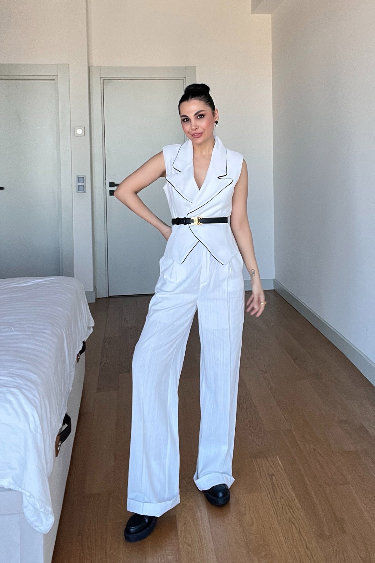 Ekru Keten Biyeli Yelek Ve Pantolon Takım SY-3021-Ekru