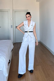 Ekru Keten Biyeli Yelek Ve Pantolon Takım SY-3021-Ekru