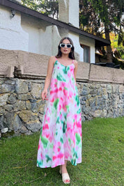 Pembe Çok Renkli Desenli İp Askılı Keten Elbise SY-2020-Pembe