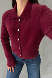 Bordo Çiçek Düğmeli Yumoş Hırka SY-2817-Bordo