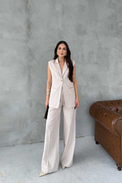 Woman's Taş Keten Yelek Ve Pantolon Takım SY-3061-Taş