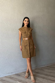 Camel Keten Safari Elbise SY-2853-Camel