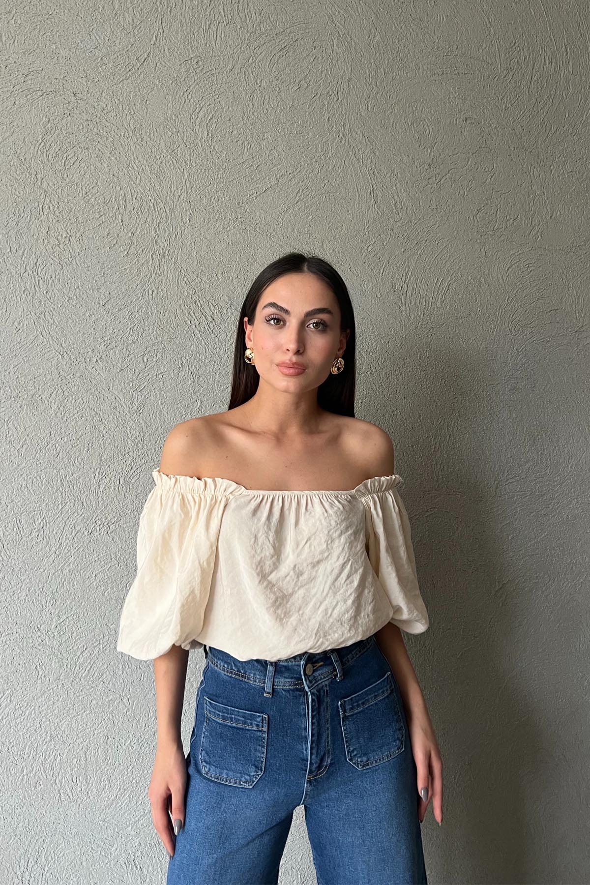 Bej Balon Kol Bluz SY-1792-Bej