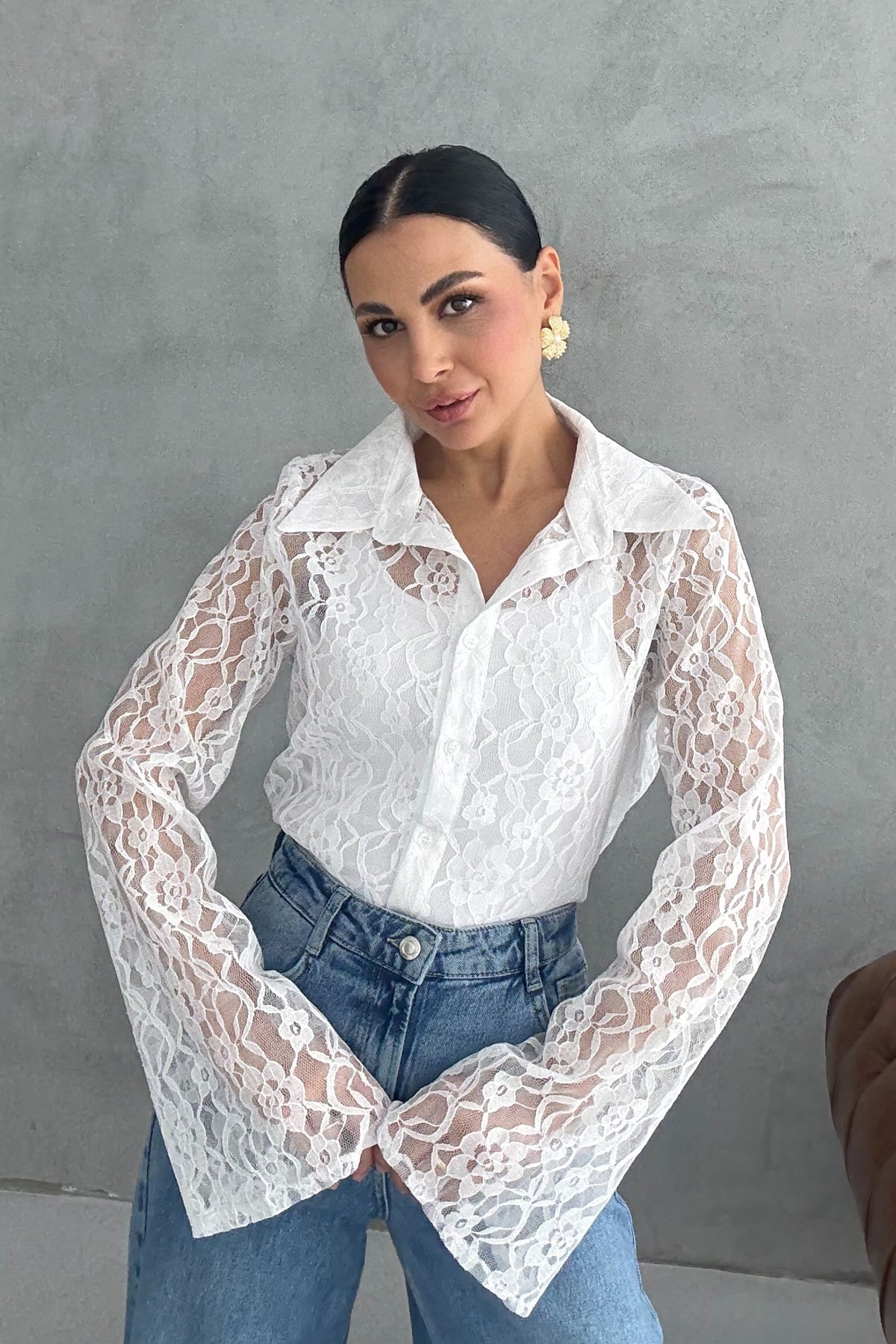 Beyaz İspanyol Kol Dantelli  Gömlek SY-3090-Beyaz