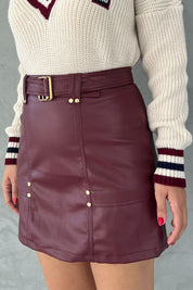 Bordo Kemerli Gizli Cep Detaylı Deri Etek SY-2485-Bordo